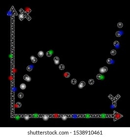 Bright mesh dotted plot with glare effect. White wire carcass polygonal mesh in vector format on a black background. Abstract 2d mesh designed with triangles, small circle, colorful flash spots.