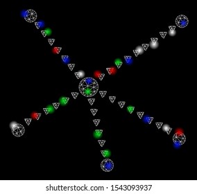 Bright mesh dotted relations with glare effect. White wire frame triangular mesh in vector format on a black background. Abstract 2d mesh designed with triangles, points, colored glare spots.