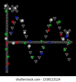 Bright mesh dotted sine plot with lightspot effect. White wire carcass polygonal mesh in vector format on a black background. Abstract 2d mesh designed with triangles, points, colored flash spots.