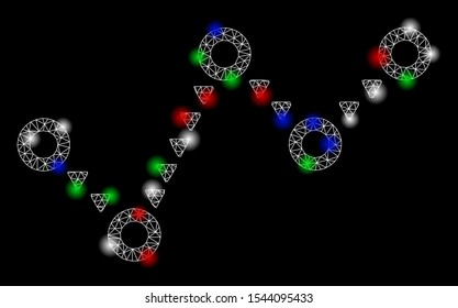 Bright mesh dotted trend with glare effect. White wire frame polygonal mesh in vector format on a black background. Abstract 2d mesh designed with triangles, points, colored glare spots.