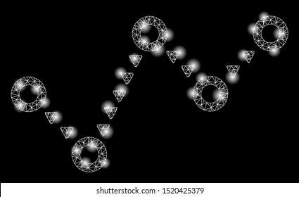 Bright mesh dotted trend with sparkle effect. Abstract illuminated model of dotted trend icon. Shiny wire frame triangular network dotted trend. Vector abstraction on a black background.