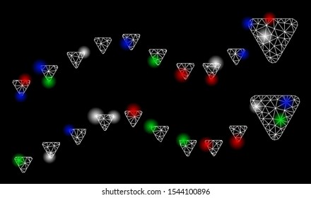 Bright mesh dotted trends with glare effect. White wire frame polygonal mesh in vector format on a black background. Abstract 2d mesh built from polygonal grid, spheric points, colored glare spots.