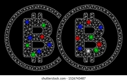 Bright mesh double Bitcoin with glare effect. White wire frame polygonal mesh in vector format on a black background. Abstract 2d mesh created from polygonal grid, round dots, colorful glare spots.