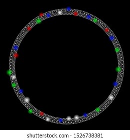 Bright mesh double circle frame with glow effect. White wire frame polygonal mesh in vector format on a black background. Abstract 2d mesh designed with triangles, small circle, colorful light spots.