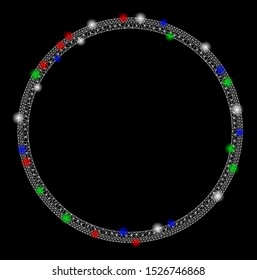 Bright mesh double circle frame with glow effect. White wire frame polygonal mesh in vector format on a black background. Abstract 2d mesh created from polygonal grid, dots, colored glare spots.