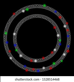 Bright mesh double circle frame with lightspot effect. White wire carcass triangular mesh in vector format on a black background. Abstract 2d mesh designed with triangular lines, small circle,