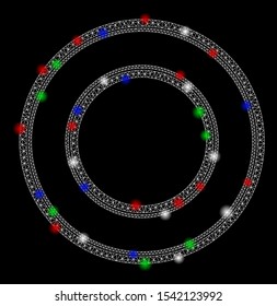 Bright mesh double circle frame with glow effect. White wire carcass polygonal mesh in vector format on a black background. Abstract 2d mesh designed with polygonal grid, round dots,