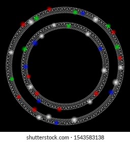 Bright mesh double circle frame with glare effect. White wire frame triangular mesh in vector format on a black background. Abstract 2d mesh designed with triangular lines, dots, colored light spots.