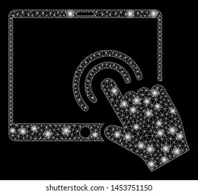 Bright mesh double click tablet with glow effect. Abstract illuminated model of double click tablet icon. Shiny wire carcass triangular mesh double click tablet.
