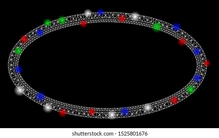 Bright mesh double oval frame with glare effect. White wire frame polygonal network in vector format on a black background. Abstract 2d mesh designed with triangles, dots, colored glare spots.