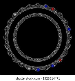 Bright mesh double rosette circular frame with glare effect. White wire carcass triangular mesh in vector format on a black background. Abstract 2d mesh designed with triangular lines, round dots,