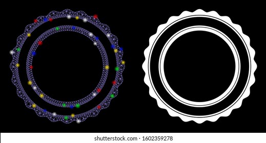 Bright mesh double rosette circular frame icon with sparkle effect. Abstract illuminated model of double rosette circular frame. Shiny wire frame polygonal network double rosette circular frame icon.
