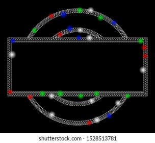 Bright mesh double round and rectangle frame with glare effect. White wire frame polygonal mesh in vector format on a black background. Abstract 2d mesh designed with triangular lines, spheric points,