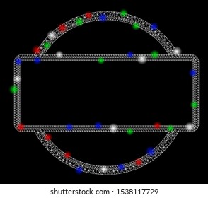 Bright mesh double round and rectangle frame with glow effect. White wire carcass polygonal mesh in vector format on a black background. Abstract 2d mesh designed with polygonal grid, round dots,