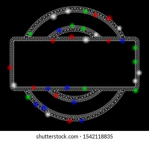 Bright mesh double round and rectangle frame with glare effect. White wire frame triangular mesh in vector format on a black background. Abstract 2d mesh created from polygonal grid, dots,