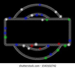 Bright mesh double round and rectangle frame with glare effect. White wire carcass polygonal mesh in vector format on a black background. Abstract 2d mesh designed with polygonal grid, dots,