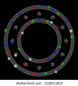 Bright mesh double round starred frame with glare effect. White wire frame triangular mesh in vector format on a black background. Abstract 2d mesh designed with polygonal grid, spheric points,