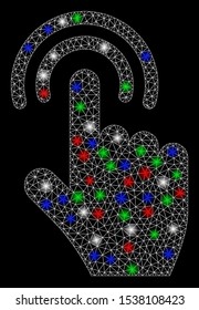 Bright mesh double tap with glare effect. White wire carcass triangular mesh in vector format on a black background. Abstract 2d mesh designed with triangular lines, round dots, colorful light spots.