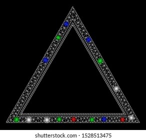 Bright mesh double triangle frame with glow effect. White wire carcass triangular mesh in vector format on a black background. Abstract 2d mesh built from triangular lines, round dots,