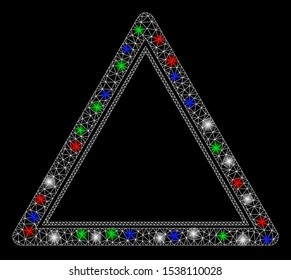 Bright mesh double triangle frame with glow effect. White wire carcass triangular mesh in vector format on a black background. Abstract 2d mesh designed with triangular lines, spheric points,