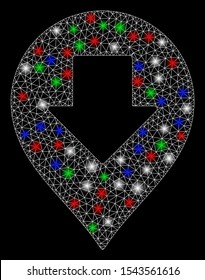 Bright mesh down arrow marker with lightspot effect. White wire carcass triangular mesh in vector format on a black background. Abstract 2d mesh designed with triangular lines, spheric points,