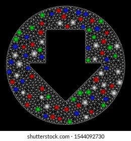 Bright mesh down with glare effect. White wire frame polygonal mesh in vector format on a black background. Abstract 2d mesh built from polygonal grid, spheric points, colorful glare spots.