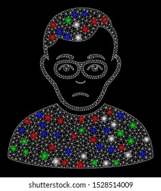 Bright mesh downer with lightspot effect. White wire frame polygonal mesh in vector format on a black background. Abstract 2d mesh designed with polygonal grid, small circle, colored glare spots.