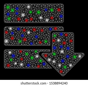 Bright mesh download database with glow effect. White wire carcass polygonal mesh in vector format on a black background. Abstract 2d mesh created from polygonal grid, dots, colored light spots.