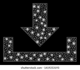 Bright mesh download with glare effect. Abstract illuminated model of download icon. Shiny wire carcass triangular mesh download. Vector abstraction on a black background.