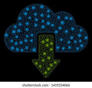 Bright mesh download with glare effect. Abstract illuminated model of download icon. Shiny wire frame polygonal network download. Vector abstraction on a black background.