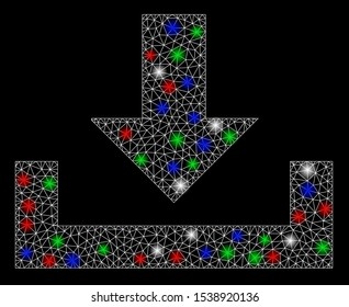 Bright mesh download with glare effect. White wire frame polygonal mesh in vector format on a black background. Abstract 2d mesh designed with polygonal grid, points, colored flash spots.