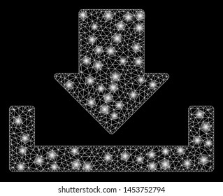 Bright mesh download with lightspot effect. Abstract illuminated model of download icon. Shiny wire carcass triangular network download. Vector abstraction on a black background.