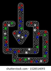 Bright mesh downloads with glare effect. White wire carcass triangular mesh in vector format on a black background. Abstract 2d mesh created from triangular lines, spheric points,