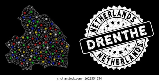 Bright mesh Drenthe Province map with lightspot effect, and stamp. Wire frame polygonal Drenthe Province map mesh in vector format on a black background. White round seal stamp with scratched texture.