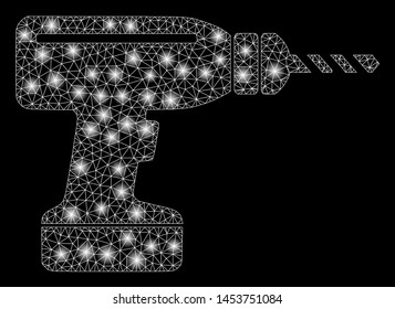 Bright mesh drill with glare effect. Abstract illuminated model of drill icon. Shiny wire frame polygonal mesh drill. Vector abstraction on a black background.