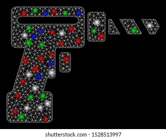 Bright mesh drill with glare effect. White wire carcass triangular mesh in vector format on a black background. Abstract 2d mesh designed with triangular lines, points, colored flare spots.