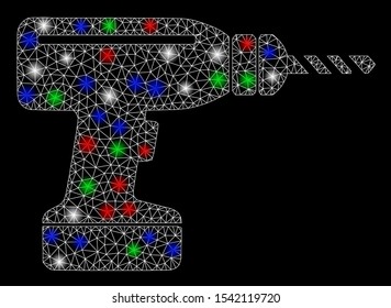 Bright mesh drill with lightspot effect. White wire carcass polygonal mesh in vector format on a black background. Abstract 2d mesh designed with triangles, dots, colorful flash spots.