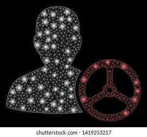 Bright mesh driver person with glare effect. Abstract illuminated model of driver person icon. Shiny wire frame triangular mesh driver person. Vector abstraction on a black background.