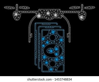 Bright mesh drone banknotes payment with glow effect. Abstract illuminated model of drone banknotes payment icon. Shiny wire frame polygonal mesh drone banknotes payment.