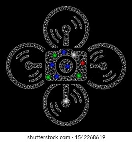 Bright mesh drone camera with glow effect. White wire frame triangular mesh in vector format on a black background. Abstract 2d mesh designed with polygonal grid, dots, colorful light spots.