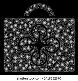 Bright mesh drone case with glare effect. Abstract illuminated model of drone case icon. Shiny wire frame triangular mesh drone case. Vector abstraction on a black background.