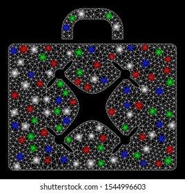 Bright mesh drone case with glow effect. White wire frame polygonal mesh in vector format on a black background. Abstract 2d mesh designed with triangular lines, dots, colorful flash spots.
