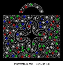 Bright mesh drone case with lightspot effect. White wire frame triangular mesh in vector format on a black background. Abstract 2d mesh designed with triangular lines, dots, colorful flash spots.