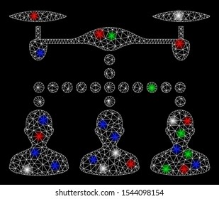 Bright mesh drone clients connection with lightspot effect. White wire carcass polygonal mesh in vector format on a black background. Abstract 2d mesh designed with polygonal grid, points,