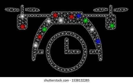 Bright mesh drone clock with glare effect. White wire frame polygonal mesh in vector format on a black background. Abstract 2d mesh designed with polygonal grid, round dots, colorful light spots.