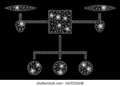 Bright mesh drone distribution with glare effect. Abstract illuminated model of drone distribution icon. Shiny wire carcass polygonal mesh drone distribution. Vector abstraction on a black background.