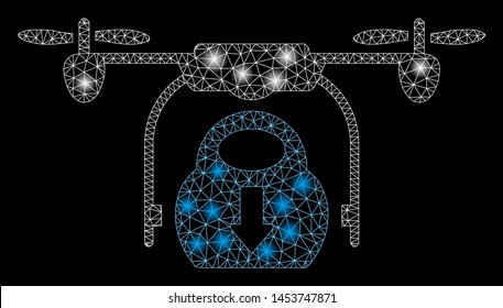 Bright mesh drone drop cargo with glow effect. Abstract illuminated model of drone drop cargo icon. Shiny wire frame polygonal mesh drone drop cargo. Vector abstraction on a black background.