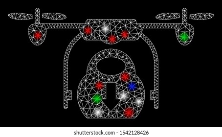 Bright mesh drone drop cargo with glow effect. White wire carcass triangular mesh in vector format on a black background. Abstract 2d mesh designed with triangular lines, dots, colored light spots.