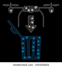Bright mesh drone drop trash with glare effect. Abstract illuminated model of drone drop trash icon. Shiny wire carcass triangular mesh drone drop trash. Vector abstraction on a black background.