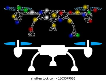 Bright mesh drone icon with lightspot effect. Abstract illuminated model of drone. Shiny wire frame triangular mesh drone icon. Vector abstraction on a black background.